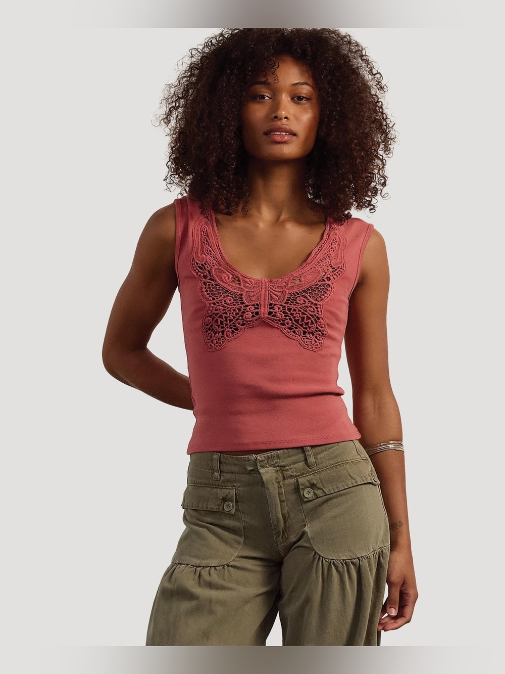 Free People Tricia Fix Rose Pink Butterfly Crochet Tank NWOT